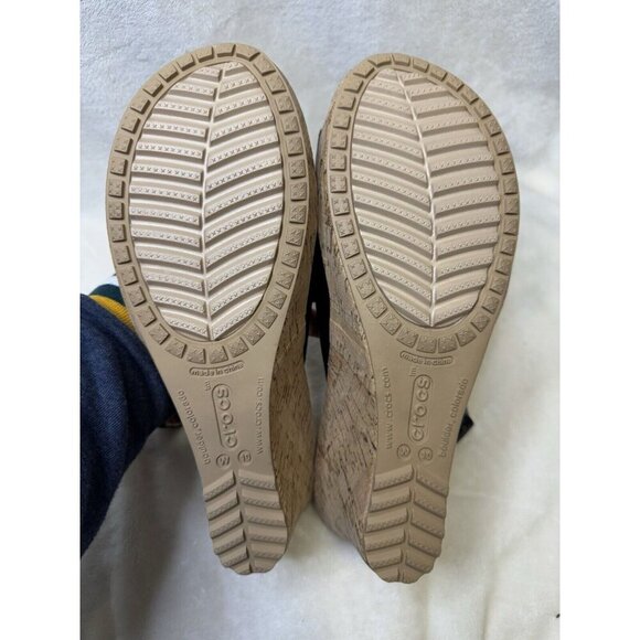 CROCS A-Leigh Black Leather Slingback Strap Cork Wedge Sandals Size 10 - Picture 4 of 12